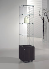Premier Lite 4.18M Slim Glass Display Unit showcasing its sleek design with glass shelves and a stylish wooden base.