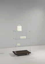 Premier Lite 6.90 Small Display Counter featuring a glass top and wooden base in a modern style.