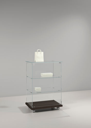 Premier Lite 6.90 Small Display Counter featuring a glass top and wooden base in a modern style.