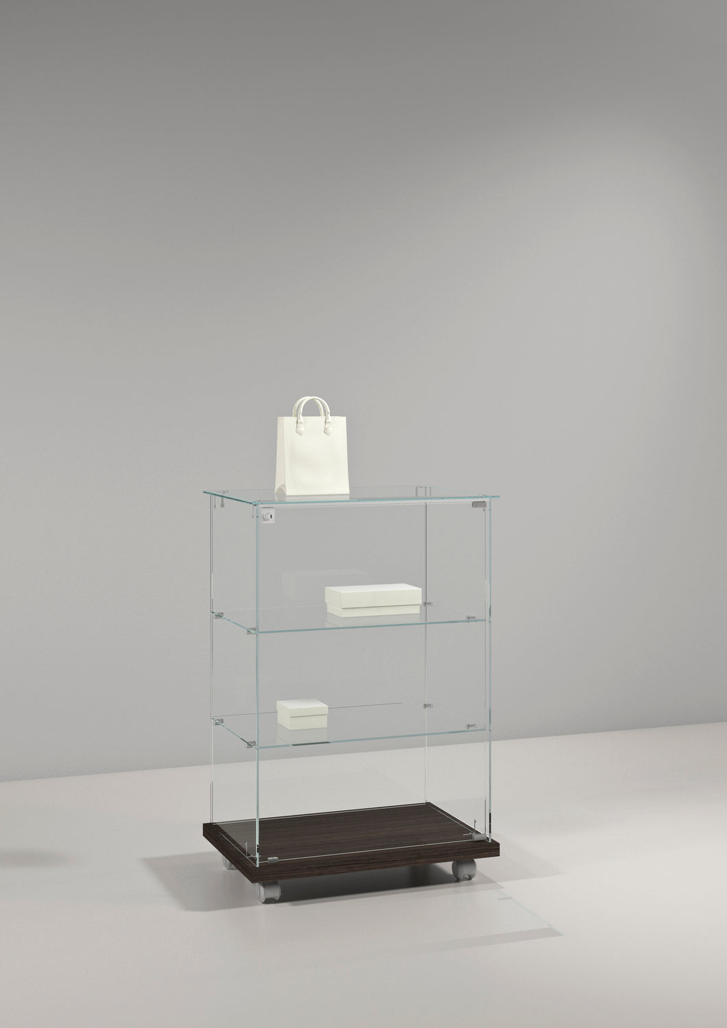 Premier Lite 6.90 Small Display Counter featuring a glass top and wooden base in a modern style.