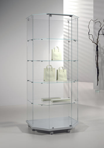 Premier Lite 8.18T Glass Display Island Cabinet showcasing its elegant design with toughened glass and four fixed shelves, ideal for displaying merchandise.