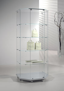 Premier Lite 8.18T Glass Display Island Cabinet showcasing its elegant design with toughened glass and four fixed shelves, ideal for displaying merchandise.