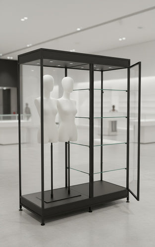 A Double mannequin with shelves to one side is displayed in a sleek black illuminated glass cabinet with an open door. Two headless white mannequins are inside, and the background is bright and spacious in a minimalist store.