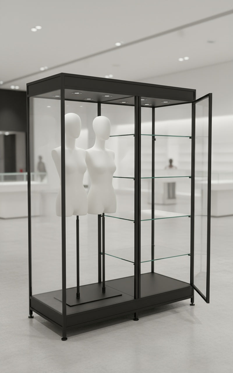 A Double mannequin with shelves to one side is displayed in a sleek black illuminated glass cabinet with an open door. Two headless white mannequins are inside, and the background is bright and spacious in a minimalist store.