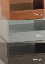The Premier Lite 12.105B Double Wide Display Counter features three labeled shelves in cherry, grey, and wenge finishes, each with a veneered wooden base for added elegance.