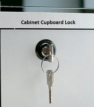 A close-up of a Premier Lite 12.120B Wood Display Counter shows a silver cupboard with a key in the lock. "Cabinet Cupboard Lock" is printed above the lock on its veneered wood base.