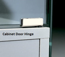 Close-up of a metal hinge attached to the corner of a Premier Lite 12.120B Wood Display Counter door with glass, metal, and veneered wood base. Text “Cabinet Door Hinge” is printed next to the hinge.