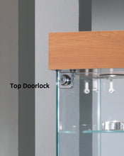 Close-up of the Premier Lite 12.120B Wood Display Counter featuring a glass case, veneered wooden base, and a metal door lock labeled "Top Doorlock" on the upper left corner.