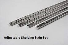 Four metal adjustable shelving strips with evenly spaced holes and slots are displayed diagonally on a light surface, ideal for the Premier Lite 12.105B Double Wide Display Counter. "Adjustable Shelving Strip Set" appears below the strips.
