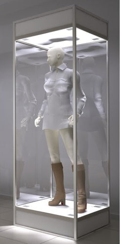 A Single Mannequin Showcase displays a white mannequin dressed in a long-sleeve shirt and knee-high brown boots, standing inside its tall, lockable cabinet with interior lighting.