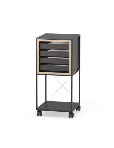 The Caroline Display Shelving Trolley With Trays TR-CD01 is a black metal unit on wheels, featuring a base plate with castors, four shallow light-wood framed drawers, an open lower shelf, and an X-shaped back support for a modern, minimalist look.