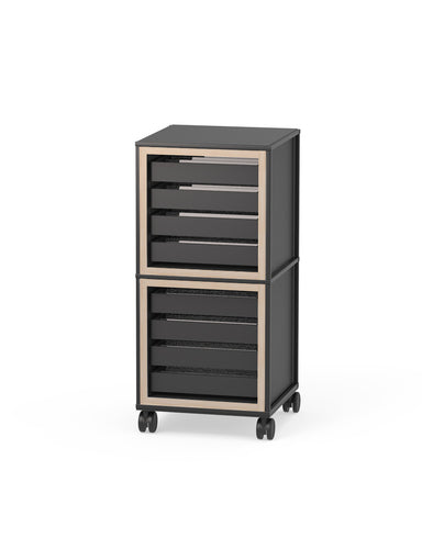 The Caroline Display Shelving Trolley With Trays TR-CD02 is a black rolling cabinet with a metal top, two wooden-framed slatted drawers, and four wheels, shown against a plain white background.