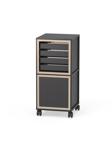 The Caroline Display Shelving Trolley With Trays and Doors TR-CD04 features a black finish with light wood trim, three open top slots, a lower closed compartment, and sits on castor-mounted base plate for easy mobility.