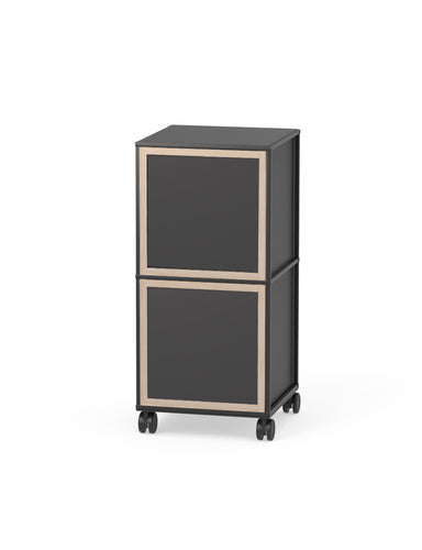 The Caroline Display Shelving Trolley With Doors TR-CD05 features a black finish, metal top plate, two large square doors with light wood trim, and four caster wheels, shown against a white background.