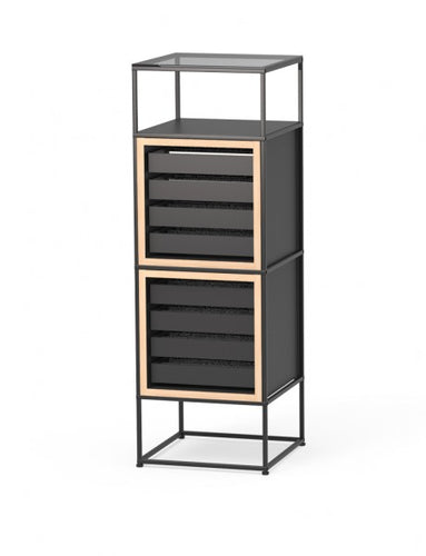 The Caroline Display Shelving Furniture With Glass Top MR-TG-CD13 is a tall, modern unit with a sturdy base, open metal frame, two stacked black compartments with light wood slats, and an open glass top shelf.