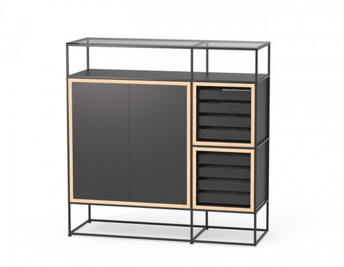 The Caroline Display Shelving Furniture With Glass Top MR-TG-CD15 features a modern black metal frame, light wood trim, sturdy base, two large left doors, four open shelves with a drawer on the right, and an open-frame design.
