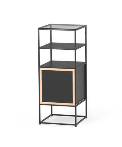 The Caroline Display Shelving Furniture With Glass Top MR-TG-CD12 features a modern black metal frame, two open shelves, a closed cabinet with light wood trim, and a sturdy rectangular base topped with glass.