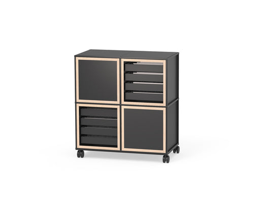 The Caroline Display Shelving Trolley With Trays and Doors TR-CD09 is a black storage cabinet on wheels, with a metal top, four compartments—two with solid black doors framed in light wood and two open shelves with black trays and matching wood frames.