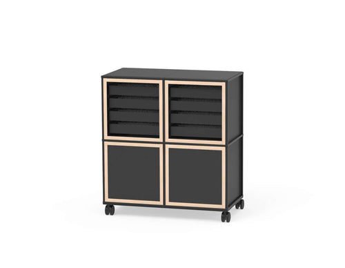 The Caroline Display Shelving Trolley With Trays and Doors TR-CD10 features a black cabinet on wheels with a base plate, four compartments—top two open shelves, bottom two closed doors—and light wood trim on each section.