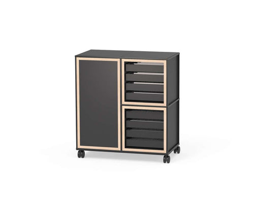 The Caroline Display Shelving Trolley With Trays and Doors TR-CD08 is a black cabinet with light wood trim, a tall left door, two open right shelves, and a sturdy base plate with castors for easy movement.