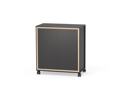 The Caroline Display Shelving Trolley With Doors TR-CD07 is a modern black storage cabinet with a universal body, door, light wood accent frame, and castor base plate, shown against a plain white background.