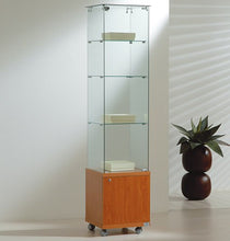 Premier Lite 4.18M Slim Glass Display Unit in Cherry finish, featuring multiple glass shelves and a lockable base cupboard.