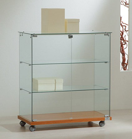 Premier Lite 8.90 Glass Display Counter featuring a sleek design with a glass top and two fixed glass shelves, ideal for showcasing items.