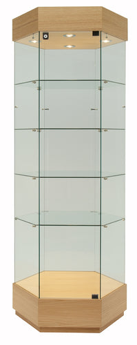 Craftsman Hexagonal Display Showcase with glass shelves and LED lights, ideal for showcasing trophies and collectibles.